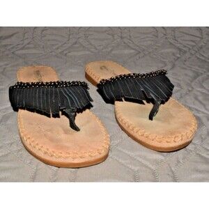 Minnetonka Black Fringe Thong Sandals Women’s Size 7 Leather Beaded Flip Flops B